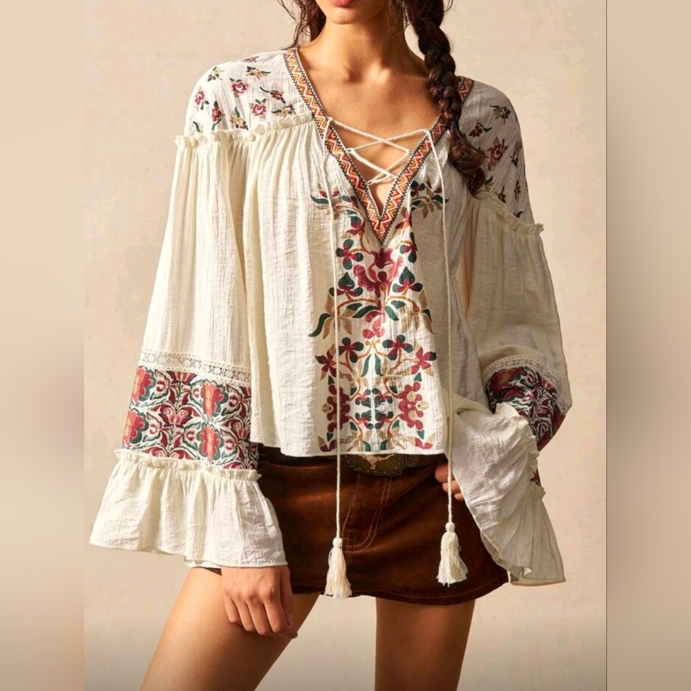 New Boho Floral Print Lace Up Top Flare Ruffle Long Sleeve Ivory Cream - Picture 2 of 8